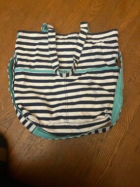 Retro Metro Thirty One Striped Navy and White Tote with Teal Accents